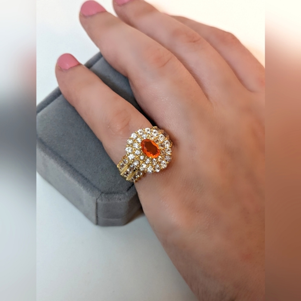 18K Yellow Gold Fire Opal Sapphire Halo Cocktail Ring - Picture 5 of 16